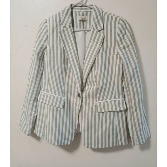 Ann Taylor womens small green white stripe linen classic blazer jacket - Picture 1 of 6